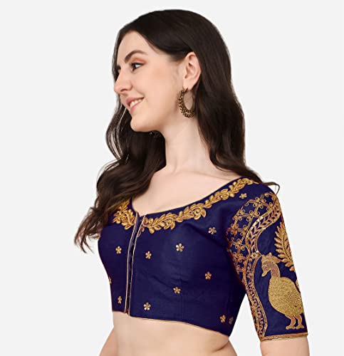 Image of Pujia Mills Women's Phantom Silk Embroidery Handwork & Sequin Work Peacock Design Half Sleeve Readymade Blouse (Mor Blouse Gold 38 Size+Margin)