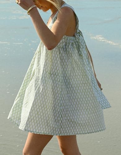 Image of Women Floral Tie Shoulder Mini Dress Cute Square Neck Loose Fit Beach Short Dress Backless Boho Vocation Sundress