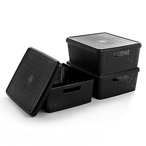 BINO | Plastic Storage Baskets with Lids, Medium – 3 Pack | THE JUTE COLLECTION | Shelf Organizer Bins | Basket with Handle | Pantry Organization | Room Organization | Storage Bins | Plastic Baskets