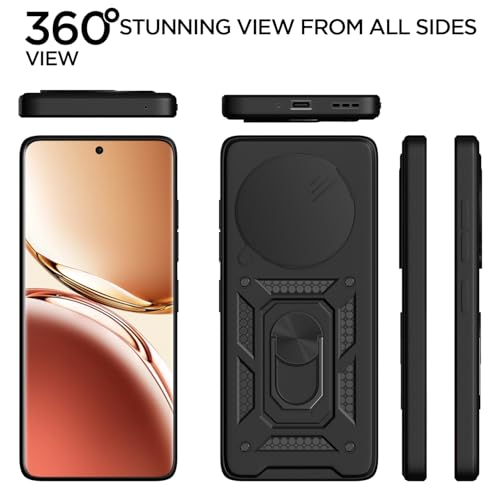Image of Pikkme Back Cover for Oppo F27 Pro Plus 5G | 360 Protection Case | Sliding Camera Shield Cover & Ring Holder Stand D10 Tough Armor Bumper Case (Black)