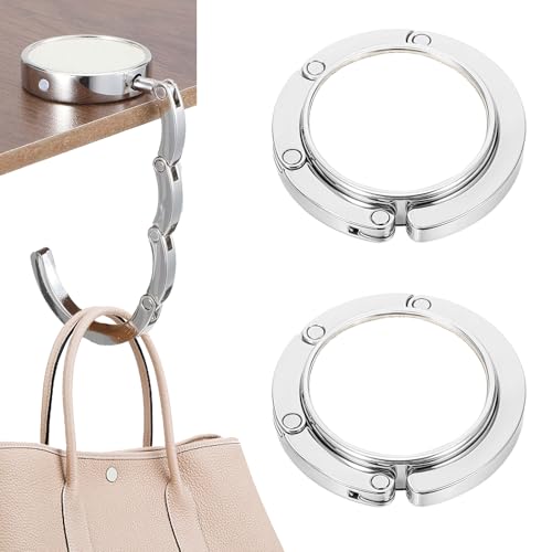 2 Stück Faltbare Antirutsch Handtaschenhalter, Taschenhalter für Handtaschen, Tisch Handtaschenhalter Haken, Haken Aufhänger bis 15 Kg, Silber Metall Taschenaufhänger Taschenhaken Halterung
