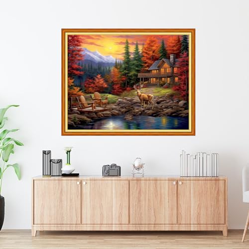 Image of Foxdiviy Stamped Cross Stitch Kits Full Range of Embroidery Needlework Starter Kits for Beginners Adults 11CT Embroidery Patterns Art Crafts DIY Needlepoint Kits-Golden Autumn Scenery 16x20 inch