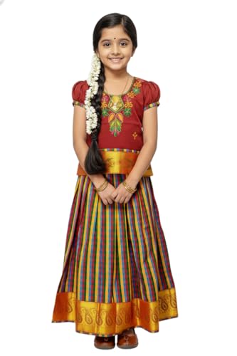 Image of Girls Traditional Silk Pavadai Sattai Lehenga Choli with Waist Belt | Ethnic Festival Wear for Girls, Perfect for Weddings, Pongal, Religious & Special Occasions