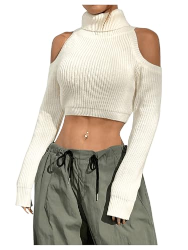 Image of MakeMeChic Women's Turtleneck Cold Shoulder Sweater Long Sleeve Knit Crop Sweaters White Large