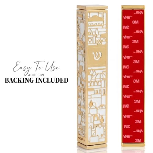 Image of SURI Mezuzah for Door with Scroll, 7 Inch Gold and White Mezuzah Case with Non Kosher Scroll Inside, Fits a up to 6 Inch Scroll, Includes Adhesive and Gift Box