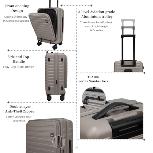 Image of F Gear Sedona Small Cabin Pro 54cm German Polycarbonate Hard Luggage|8 Japanese Hinomoto Silent Wheels| USB & Type-C Charging, Phone Stand & Cup Holder | Front Opening Suitcase for Travel (Taupe)