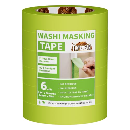 Image of TAPEBEAR Advanced Painters Tape, 21-Days Clean Removal Green Washi Masking Tape 0.94 inch x 60Yards, Medium Adhesion, Indoor Outdoor Multi-Surface Painting with Sharp Lines for Car /Wall Painting, 6Roll