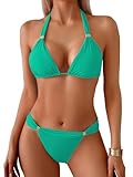 TASHEHE Women's Triangle Ruched Bikini Set Sexy Two Piece Swimsuit Halter Sliding Rings Bathing Suit - 508 / Lake Green - Medium