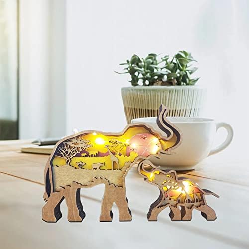 Animal Wood Carving Lights, Wooden Statues And Figurines, Elephant Wood carving, Creative Hollow Animal Sculpture With Led Light, For Home Garden Bar Party Decor (elephant with light)