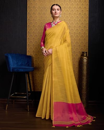 Image of SWORNOF Women's Linen Cotton Silk Saree with Unstitched Blouse Piece | Saree for Women | Saree with Blouse Piece | Soft and Skin Friendly