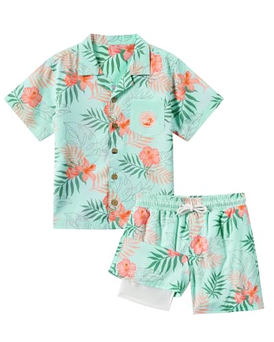 Angel season Boys Hawaiian Button Down Shirts And Short Sets Kids Summer Outfits Swim Set Boys Swim Trunk Short Sleeve