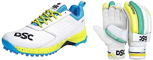 Image of DSC Jaffa 22 Cricket Shoes for Men and Boys UK-9 White /Lime-Yellow & DSC Condor Atmos Cricket Batting Gloves Mens Right (Color May Vary)