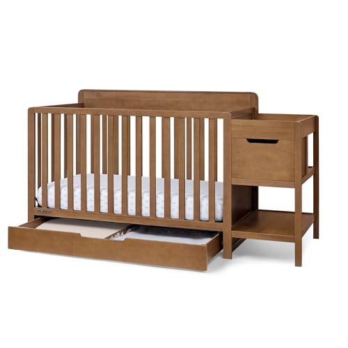 Delta Children Maya 5-in-1 Convertible Crib and Changer with Storage Converts to Toddler Bed Daybed Sofa & Full Bed Greenguard Gold Certified 3 Mattress Heights for Baby Chestnut