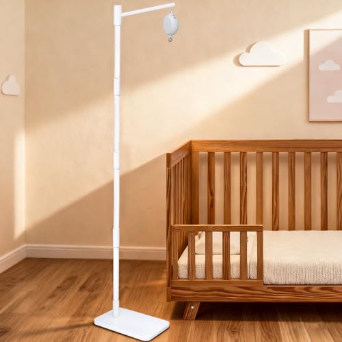 Image of White Floor-Standing Crib Mobile Arm with Music Box - 65" Wooden Mobile Stand for Crib - 100% Beech Wood, 12 Lullabies, Volume Control - Rotating Crib Mobile Motor - Baby Mobile Hanger & Nursery Decor
