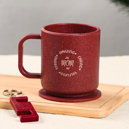 Image of Eha Earth-Friendly Gift Set for Mom | 350 ml | Coffee Mug with Coaster, Keychain & Bag | Gifts for Mom Made with Rice Husk Biocomposite | Gifts for Woman | Coral