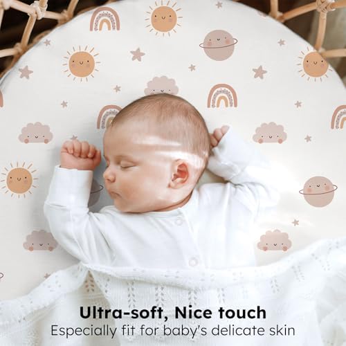 Image of Baby Bassinet Sheets, 3 Pack Fitted Bassinet Mattress Sheets, Compatible with Halo Bassinest Swivel Sleeper & Oval Hourglass Rectangle Mattress, Ultra Soft Orange Sun Rainbow