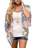 Chunoy Women Casual Summer Floral Print Short Sleeve Chiffon Sheer Kimono Cardigan Capes Open Front Blouse Top Beach Wear Cover Up Grey X-Large