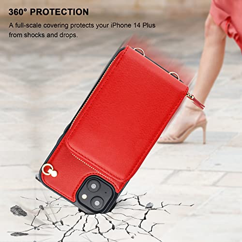 Kihuwey Crossbody Wallet Case For Iphone 14 Plus, Zipper Pocket Case With Card Holder, Pu Leather Rfid Blocking Protective Cover Case With Kickstand Detachable Wrist Strap Lanyard 6.7" (Red) #TOP7