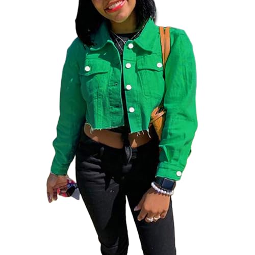 Women's Denim Short Long Sleeve Lapel Jacket Button Down Distressed Hem Crop Jeans Coat