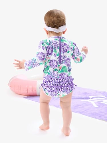 Image of RuffleButts Baby Girls UPF 50+ Sun Protection Floral Printed Long Sleeve One Piece Rash Guard Swimsuit with Zipper