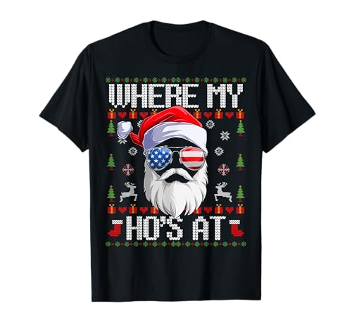 Where My Ho's At Ugly Christmas Santa USA Sunglasses Camiseta