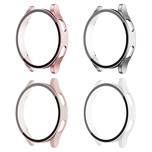 BHARVEST 4 Pack Case for Samsung Galaxy Watch 4 40mm with Tempered Glass Screen Protector, Full Around Scratch Resistant PC Cover for Galaxy Watch 4 40mm, Rose Gold+Silver+Pink+White
