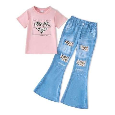 HSOXLQF Kid Toddler Girl Summer Clothes Leopard & Heart Print Short Sleeve T-Shirt + Flared Leg Pants Outfits (Not Jeans) 6-7T Cover