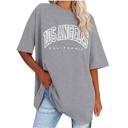 UHouse Tshirt Damen Elegant T Shirt Casual Longshirt Mode Motiv Bekleidung Los Angeles Oberteile Sommer Bluse Oberteile Frau Lockere Top Baumwolle Tee Shirts Blusen Grau M