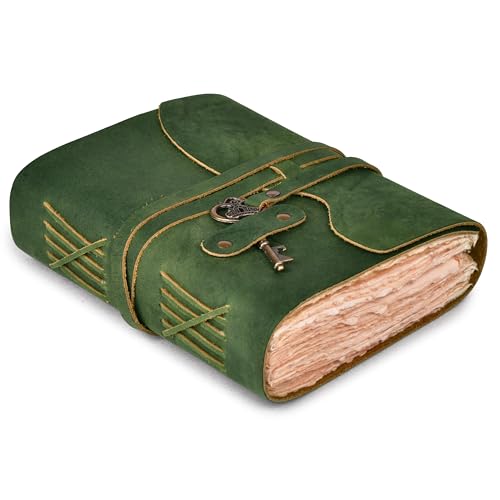 Image of LEATHER VILLAGE Vintage Leather Bound Journal, Junk Journal For Men & Women | Handmade Deckle Edge paper, 200 Blank Pages , Grimoire, Book Of Shadows, Sketchbook, Scrapbook, Leather Journal , Green 8x6