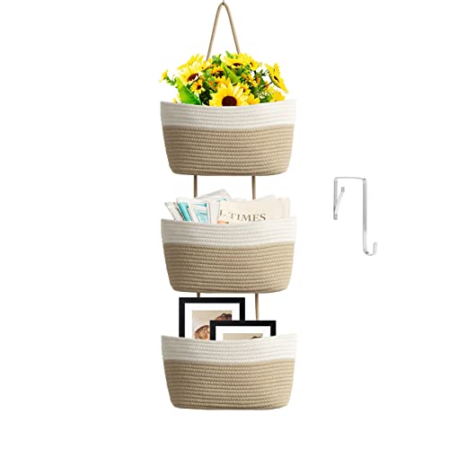 TeoKJ Over the Door Hanging Basket, 3-Tier Woven Cotton Wall-Mounted Storage Organizer Bag Decorative Hanging Kitchen Baskets - White + Jute