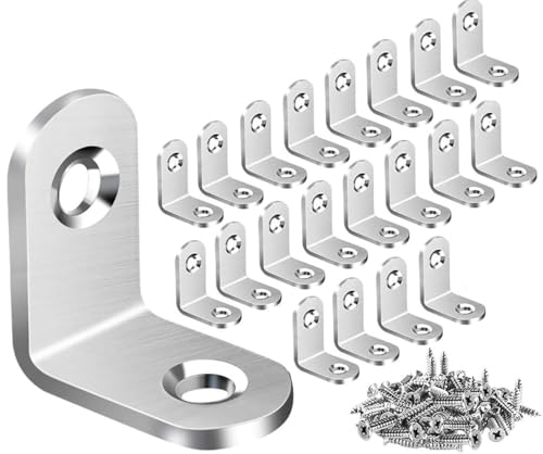ZiYuya 20PCS Right Angle Brackets for Wood Stainless Steel Corner Brackets 90 Degree L Shape Bracket Corner Braces Joints Bracket Shelf Support Wall Bracke for Furniture Windows Silver 25mm x 25mm