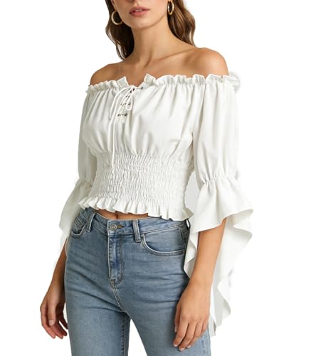 Womens Renaissance Medieval Pirate Blouse Off Shoulder Top for Halloween