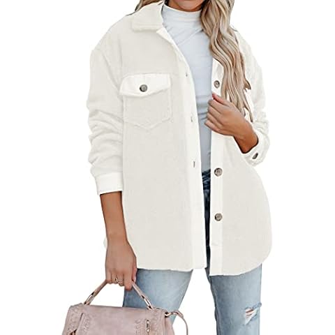ZESICA Womens Winter Casual Sherpa Fleece Jacket Long Sleeve Button Solid Warm Fuzzy Outwear Coat Pockets, Beige, Large Cover