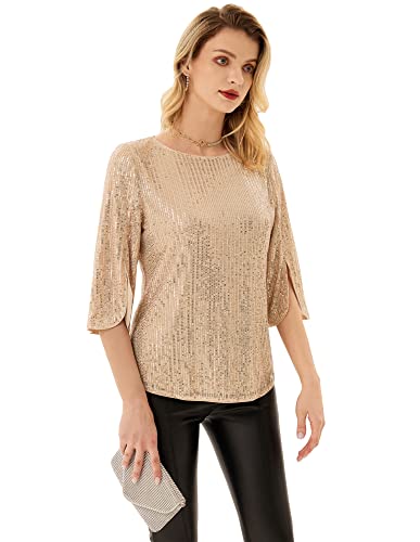 Grace Karin Women's Sparkle Sequin Party Blouse Tops Shimmer Glitter 3/4 Slit Sleeve Dressy Tops Gold #TOP3