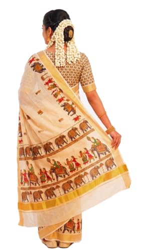 Image of Women's Mural Printed Kerala Gold Tissue Saree with Running Blouse Piece | Traditional South Indian Ethnic Saree for Festivals, Weddings & Special Occasions