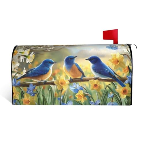 Image of Spring Summer Flowers Magnetic Mailbox Covers Standard 18 X 21 Inch Blue Birds Daffodils Floral Mailbox Cover Waterproof Post Wraps Spring Mailbox Cover for Garden Yard Home Decoration