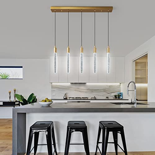 Image of Kitchen Island Lighting Modern Light Fixture Gold Pendant Light Dimmable LED Brass Finish Mini Crystal Pendant Lights for Dining Room Living Room(5-Light)