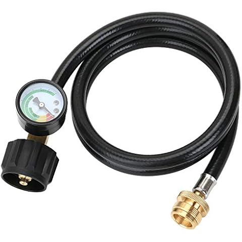 STYDDI 1lb to 20lb Propane Adapter Hose with Gauge, 4FT Propane Hose Converter Kit 1 lb to 20 lb for Weber Q Grill, Coleman Camp Stove, Blackstone Griddle, Buddy Heater and More Portable Appliances Cover