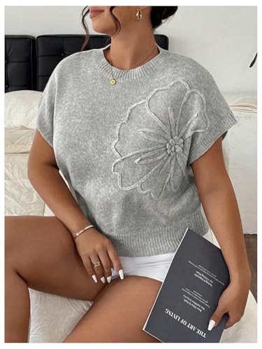 MakeMeChic Women's Plus Size Floral Sweater Vest Crew Neck Short Sleeve Going Out Knitwear3