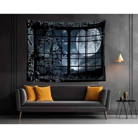 QGHOT Window Tapestry, Horror Castle tapestry Wall Hanging Scary Halloween Backdrop Gothic Witchy Moon Dark Night Haunted Goth Tapestries for Bedroom Living Room Party Decoration (90.6"x70.9") Cover