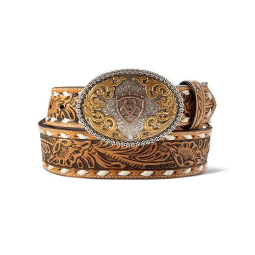 ARIAT Men's Leather Floral Embossed Oval Multi-Finish Belt, Natural, 32