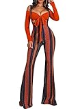 Ophestin Womens Sexy Off Shoulder Tie Crop Top Ethnic Print Bell Pants Suspenders Set 2 Piece Outfits Jumpsuits Overalls Orange XL