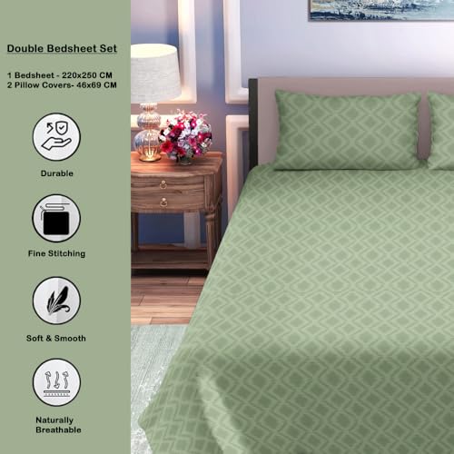 Image of Dream Living Embossed Double Bedsheet with 2 Pillow Covers | 120 GSM | 220x250 Cm | Green