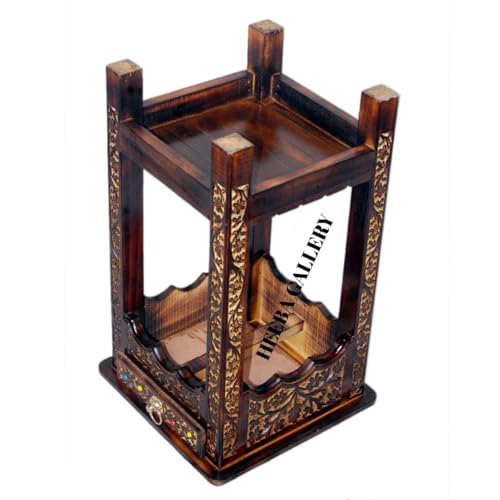 Image of Wooden Stool-Natural Wood Antique Look Side Table with Two Drawer for Living Room (Brown, 14 x 14 x 21 inch) || AS(2D) (Square Stool)