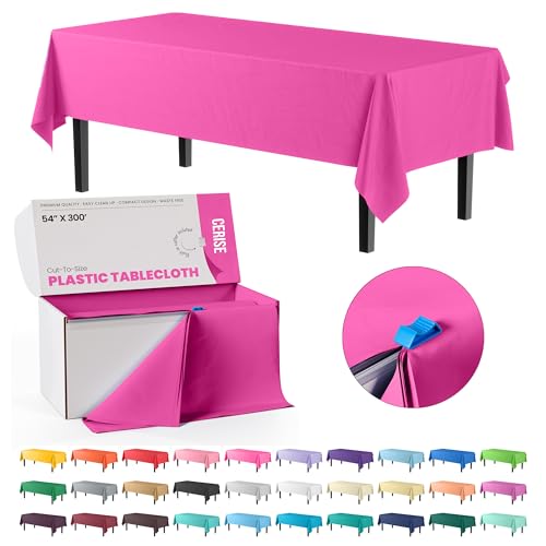 Image of Exquisite Party Solids 54 Inch X 300 Feet Cerise Plastic Table Cover Roll in A Cut - to - Size Box with Convenient Slide Cutter. Cuts Up to 36 Rectangle 8 Feet Plastic Disposable Tablecloths
