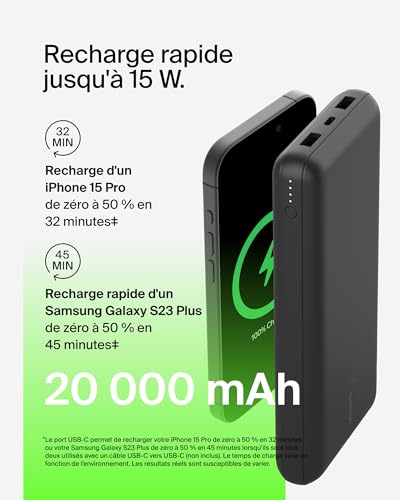 Belkin Batterie externe USB-C 20000mAh (power bank puissance de 20K, entrée et sortie USB-C, 2 ports USB-A, câble USB-C vers USB-A fourni, pour iPhone, Galaxy, Pixel, iPad, AirPods, etc.) - Noir