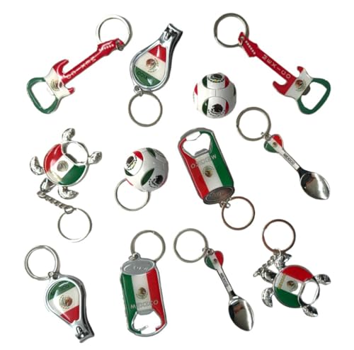 3QUZ 12 Pack Mexican Keychain Souvenirs Metal Keychain Ring Bundle Bulk Includes Nail Clipper Bottle Opener Soccer Ball Spoon And More