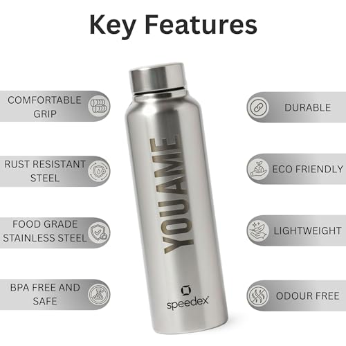 Image of Speedex Customised Engraved Name Stainless Steel Water Bottle 1 Ltr - Personalised Screw Cap Bottle for Kids, Men & Women, School, Office, Gym, Silver, Set of 1