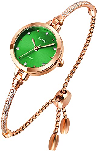 Reloj analógico de cuarzo para mujer, con diamantes brillantes, color oro rosa, para vestir, impermeable, con mosaico femenino con pulsera de diamantes con purpurina, Verde, Reloj de cuarzo