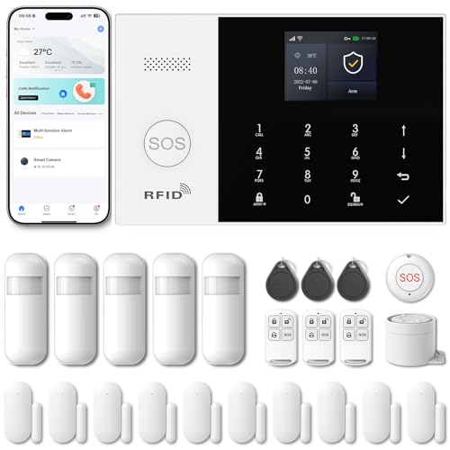 PGST Allarme casa Senza Fili GSM 4G, 2.4G Wi-Fi Antifurto casa, Kit 24 Pezzi, Sistema Allarme casa con Sirena APP Tuya, Sirena 120DB, Sensori Finestra, PIR, Telecomandi, Lavora con Alexa